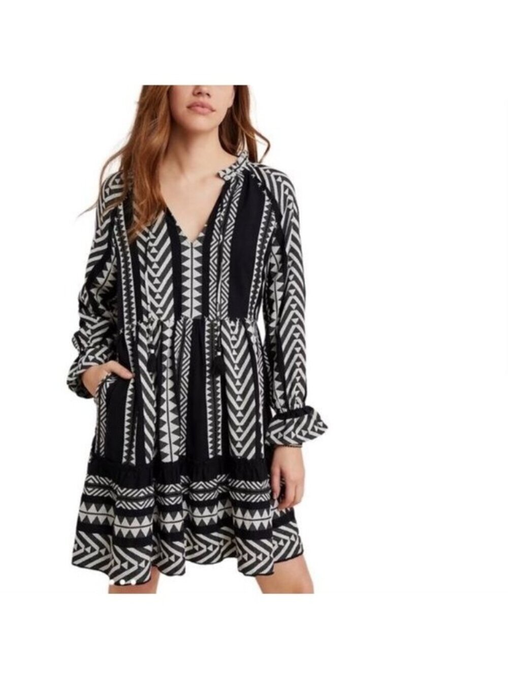 Maeve Anthropologie Dominique Womens Tunic Dress Size M Black Tribal Print